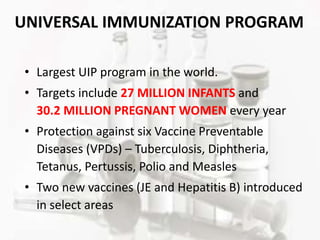 UNIVERSAL IMMUNIZATION PROGRAM
• Largest UIP program in the world.
• Targets include 27 MILLION INFANTS and
30.2 MILLION PREGNANT WOMEN every year
• Protection against six Vaccine Preventable
Diseases (VPDs) – Tuberculosis, Diphtheria,
Tetanus, Pertussis, Polio and Measles
• Two new vaccines (JE and Hepatitis B) introduced
in select areas
 