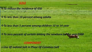 AIM
To reduce the incidence of IDD
To less than 10 percent among adults
To less than 5 percent among children 10 to 14 year
To zero percent of certain among the newborn by the year2000
COMPONENT
Use Of Iodized Salt In Place Of Common Salt
 