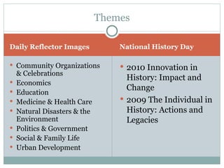 Daily Reflector Images National History Day  Community Organizations & Celebrations Economics Education Medicine & Health Care Natural Disasters & the Environment Politics & Government Social & Family Life Urban Development 2010 Innovation in History: Impact and Change 2009 The Individual in History: Actions and Legacies Themes 