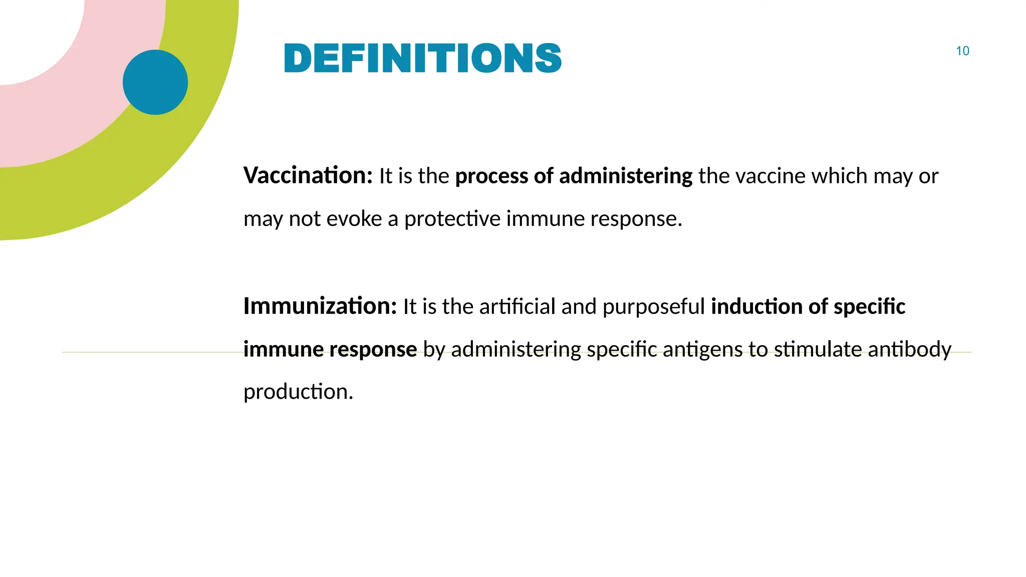 10
DEFINITIONS
Vaccination: It is the process of administering the vaccine which may or
may not evoke a protective immune response.
Immunization: It is the artificial and purposeful induction of specific
immune response by administering specific antigens to stimulate antibody
production.
 