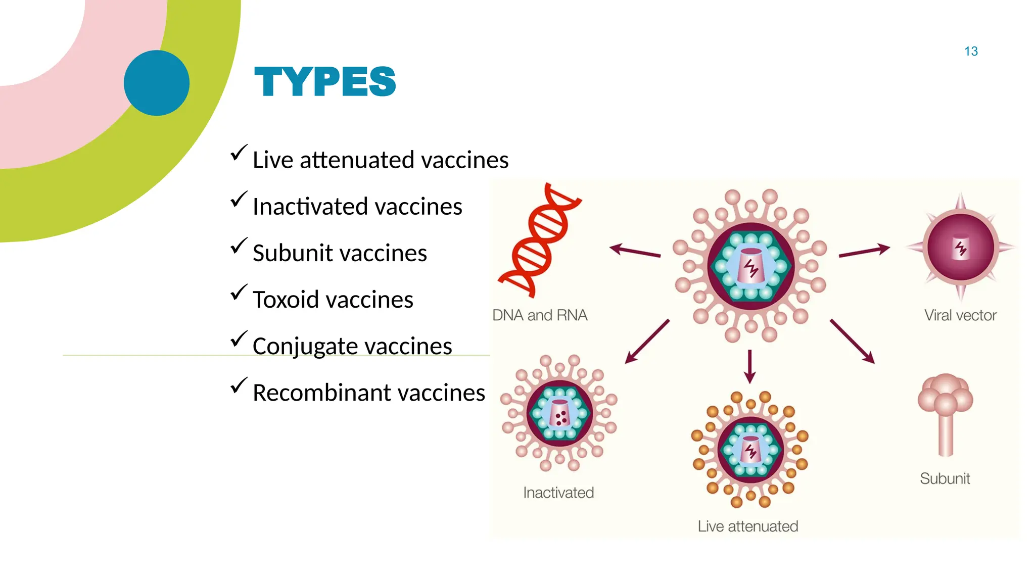 13
TYPES
Live attenuated vaccines
Inactivated vaccines
Subunit vaccines
Toxoid vaccines
Conjugate vaccines
Recombinant vaccines
 