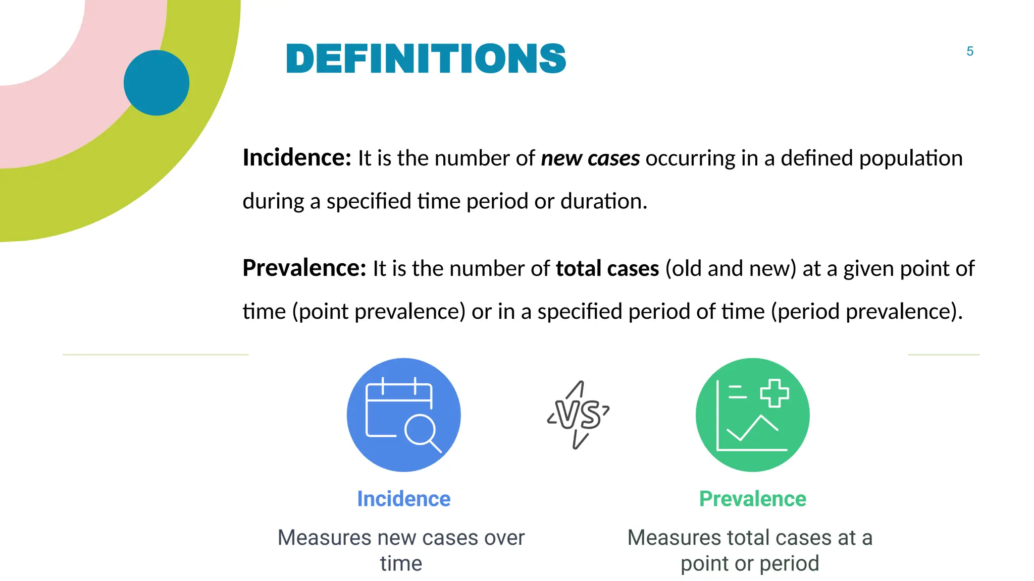 5
DEFINITIONS
Incidence: It is the number of new cases occurring in a defined population
during a specified time period or duration.
Prevalence: It is the number of total cases (old and new) at a given point of
time (point prevalence) or in a specified period of time (period prevalence).
 
