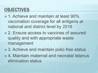 OBJECTIVES
 1. Achieve and maintain at least 90%
vaccination coverage for all antigens at
national and district level by 2016
 2. Ensure access to vaccines of assured
quality and with appropriate waste
management
 3. Achieve and maintain polio free status
 4. Maintain maternal and neonatal tetanus
elimination status
 