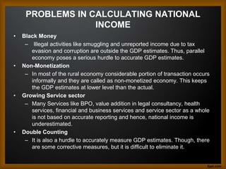 PROBLEMS IN CALCULATING NATIONAL
INCOME
• Black Money
– Illegal activities like smuggling and unreported income due to tax
evasion and corruption are outside the GDP estimates. Thus, parallel
economy poses a serious hurdle to accurate GDP estimates.
• Non-Monetization
– In most of the rural economy considerable portion of transaction occurs
informally and they are called as non-monetized economy. This keeps
the GDP estimates at lower level than the actual.
• Growing Service sector
– Many Services like BPO, value addition in legal consultancy, health
services, financial and business services and service sector as a whole
is not based on accurate reporting and hence, national income is
underestimated.
• Double Counting
– It is also a hurdle to accurately measure GDP estimates. Though, there
are some corrective measures, but it is difficult to eliminate it.
 