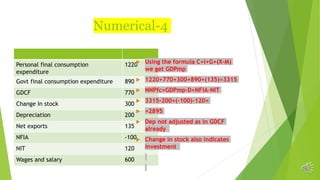 Numerical-4
Personal final consumption
expenditure
1220
Govt final consumption expenditure 890
GDCF 770
Change In stock 300
Depreciation 200
Net exports 135
NFIA -100
NIT 120
Wages and salary 600
 Using the formula C+I+G+(X-M)
we get GDPmp
 1220+770+300+890+(135)=3315
 NNPfc=GDPmp-D+NFIA-NIT
 3315-200+(-100)-120=
 =2895
 Dep not adjusted as in GDCF
already
 Change in stock also indicates
investment
 