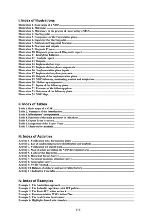 114
i. Index of Illustrations
Illustration 1. Basic scope of a NISP.............................................................................................................
Illustration 2. Milestones ..............................................................................................................................
Illustration 3. Milestones in the process of constructing a NISP.................................................................
Illustration 4. Starting point.........................................................................................................................
Illustration 5. Components of the Formulation phase..................................................................................
Illustration 6. Inputs for the Starting point..................................................................................................
Illustration 7. Political and Empyrical Processes.........................................................................................
Illustration 8. Processes and outputs ............................................................................................................
Illustration 9. Diagnosis Process...................................................................................................................
Illustration 10. Diagnostic processes & Diagnostic report ...........................................................................
Illustration 11. Analytical balance.............................................................................................................
Illustration 12. Analysis report....................................................................................................................
Illustration 13. Outputs.................................................................................................................................
Illustration 14. Implementation stage...........................................................................................................
Illustration 15. Implementation phase components .....................................................................................
Illustration 16. Implementation phase inputs..............................................................................................
Illustration 17. Implementation phase processes..........................................................................................
Illustration 18. Outputs of the implementation phase..................................................................................
Illustration 19. NISP follow-up, monitoring, control and adaptation..........................................................
Illustration 20. Flollow-up components.......................................................................................................
Illustration 21. Inputs of the follow-up phase...............................................................................................
Illustration 22. Processes of the follow-up phase..........................................................................................
Illustration 23. Outcomes of the follow-up phase.........................................................................................
Illustration 24. NISP Map.............................................................................................................................
ii. Index of Tables
Table 1. Basic scope of a NISP......................................................................................................................
Table 2. Summary of the Introduction ........................................................................................................
Table 3. Milestones´ components............................................................................................................
Table 4. Synthesis of the main processes in this phase.................................................................................
Table 5. Expert Team structure....................................................................................................................
Table 6. Integration of the Expert Team......................................................................................................
Table 7. Elements for Analysis .....................................................................................................................
iii. Index of Activities
Activity 1. Verification lista: formulation phase ..........................................................................................
Activity 2. List of conditioning factors identification and analysis ..............................................................
Activity 3. Verification list expert team........................................................................................................
Activity 4. Map of actors according the NISP development area ................................................................
Activity 5. Tools for the diagnostic...............................................................................................................
Activity 6. Historical Trends Survey ............................................................................................................
Activity 7. Social and economic situation survey..........................................................................................
Activity 8. Geographic survey.......................................................................................................................
Activity 9. SWOT Method ............................................................................................................................
Activity 10. Balance of obstacles and accelerating factors ...........................................................................
Activity 11. Indicative Timetable..................................................................................................................
iv. Index of Examples
Example 1. The Australian approach...........................................................................................................
Example 2. The Icelandic experience with ICT policies...............................................................................
Example 3. The Kenia ICT action network..................................................................................................
Example 4. Recommendation WSIS Action Plan.........................................................................................
Example 5. The Arab Status involvement ....................................................................................................
Example 6. Highlights from Latin America .................................................................................................
 