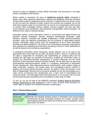 47
should be under an obligation to place official information and documents in the public
domain, accessible via the Internet.
Where content is concerned, the issue of intellectual property rights, embodied in
books, music, films, television programmes, software and databases, becomes important.
So does that of patents, designed to protect inventions. A balance has to be struck, so that
on the one hand the interests of artists, authors and inventors are protected, but on the
other hand property rights do not prevent fair use and do not unreasonably restrict access
to content. Open knowledge sharing, creative commons systems and free and open
source software, open architecture, open standards, interoperability, internet neutrality – all
these are some ways of meeting that goal.
Information delivery covers information content in conventional and digital formats and
therefore includes booksellers, libraries, analogue broadcasting companies, cable
television networks, terrestrial and satellite broadcasters, mobile telecommunications
providers, radio and television broadcasters and the providers of value-added network
services. Information policy should cover the development of all of these information
providers and delivery platforms. The same is true of information processing, organisations
that undertake the computing and information processing function for other organisations,
as well as research and consultancy organisations.
In developing information policy frameworks, special attention has to be paid to the
appropriate roles of the state and of public and private sectors. There is no question that
the state is responsible for developing and implementing an enabling policy and for
creating the right legal and regulatory environment, enabling the information sector to
prosper; the information-intensive organisations to function effectively and the social
dimension of the information society to operate smoothly. On the other hand, an open and
demonopolized telecommunications system is a necessary prerequisite of Information
Society development. Most telecommunications infrastructures were created initially as
state monopolies. However, the private sector has increasingly become involved in
building and running telecommunication services. Its ability to invest and prosper in this
field is indispensable. Services and e-commerce available via the new technologies are a
major source of financing their development and a major level of technological and
economic growth. The third digital divide mentioned above is not removed until a country
has thriving businesses operating online and satisfying a wide range of needs.
To sum up, we can go back to the UNESCO publication Building National Information
Policies: Experiences in Latin America for a list of areas of action which amounts to a
model “table of contents” for a national information society policy:
Goal 1: Democratizing access
Areas of action Description
Information and
communication
infrastructure
Provide and develop physical access to information and communication
infrastructure through sustainable schemes and models. Consider divers
technological alternatives (wired and wireless) such as broadband, wimax,
blue-tooth, and others.
 