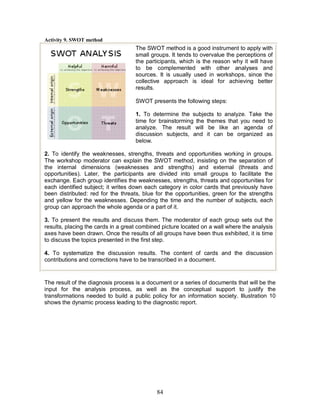84
Activity 9. SWOT method
The SWOT method is a good instrument to apply with
small groups. It tends to overvalue the perceptions of
the participants, which is the reason why it will have
to be complemented with other analyses and
sources. It is usually used in workshops, since the
collective approach is ideal for achieving better
results.
SWOT presents the following steps:
1. To determine the subjects to analyze. Take the
time for brainstorming the themes that you need to
analyze. The result will be like an agenda of
discussion subjects, and it can be organized as
below.
2. To identify the weaknesses, strengths, threats and opportunities working in groups.
The workshop moderator can explain the SWOT method, insisting on the separation of
the internal dimensions (weaknesses and strengths) and external (threats and
opportunities). Later, the participants are divided into small groups to facilitate the
exchange. Each group identifies the weaknesses, strengths, threats and opportunities for
each identified subject; it writes down each category in color cards that previously have
been distributed: red for the threats, blue for the opportunities, green for the strengths
and yellow for the weaknesses. Depending the time and the number of subjects, each
group can approach the whole agenda or a part of it.
3. To present the results and discuss them. The moderator of each group sets out the
results, placing the cards in a great combined picture located on a wall where the analysis
axes have been drawn. Once the results of all groups have been thus exhibited, it is time
to discuss the topics presented in the first step.
4. To systematize the discussion results. The content of cards and the discussion
contributions and corrections have to be transcribed in a document.
The result of the diagnosis process is a document or a series of documents that will be the
input for the analysis process, as well as the conceptual support to justify the
transformations needed to build a public policy for an information society. Illustration 10
shows the dynamic process leading to the diagnostic report.
 