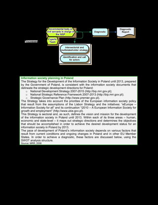 85
Illustration 10. Diagnostic processes & Diagnostic report
Example 19. Information society planning in Poland
Information society planning in Poland
The Strategy for the Development of the Information Society in Poland until 2013, prepared
by the Government of Poland, is consistent with the information society documents that
delineate the strategic development directions for Poland:
o National Development Strategy 2007-2015 (http://bip.mrr.gov.pl);
o National Strategic Reference Framework 2007-2013 (http://bip.mrr.gov.pl);
o Strategic Governance Plan (http://www.premier.gov.pl).
The Strategy takes into account the priorities of the European information society policy
that result from the assumptions of the Lisbon Strategy and the initiatives: “eEurope –
Information Society for all” and its continuation “i2010 – A European Information Society for
growth and employment” (http://www.ukie.gov.pl).
This Strategy is sectoral and, as such, defines the vision and mission for the development
of the information society in Poland until 2013. Within each of its three areas – human,
economic and state-level – it maps out strategic directions and determines the objectives
that should be accomplished in order to achieve the desired development status for an
information society in Poland by 2013.
The pace of development of Poland’s information society depends on various factors that
result from current conditions and ongoing changes in Poland and in other EU Member
States. In order to achieve a diagnostic, these factors are discussed below, using the
SWOT analysis structure.
Source: MRR, 2008
 