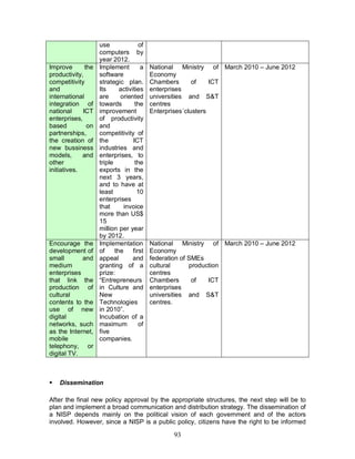 93
use of
computers by
year 2012.
Improve the
productivity,
competitivity
and
international
integration of
national ICT
enterprises,
based on
partnerships,
the creation of
new bussiness
models, and
other
initiatives.
Implement a
software
strategic plan.
Its activities
are oriented
towards the
improvement
of productivity
and
competitivity of
the ICT
industries and
enterprises, to
triple the
exports in the
next 3 years,
and to have at
least 10
enterprises
that invoice
more than US$
15
million per year
by 2012.
National Ministry of
Economy
Chambers of ICT
enterprises
universities and S&T
centres
Enterprises´clusters
March 2010 – June 2012
Encourage the
development of
small and
medium
enterprises
that link the
production of
cultural
contents to the
use of new
digital
networks, such
as the Internet,
mobile
telephony, or
digital TV.
Implementation
of the first
appeal and
granting of a
prize:
“Entrepreneurs
in Culture and
New
Technologies
in 2010”.
Incubation of a
maximum of
five
companies.
National Ministry of
Economy
federation of SMEs
cultural production
centres
Chambers of ICT
enterprises
universities and S&T
centres.
March 2010 – June 2012
§ Dissemination
After the final new policy approval by the appropriate structures, the next step will be to
plan and implement a broad communication and distribution strategy. The dissemination of
a NISP depends mainly on the political vision of each government and of the actors
involved. However, since a NISP is a public policy, citizens have the right to be informed
 