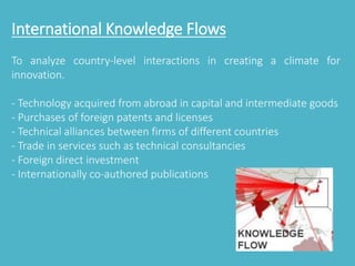International Knowledge Flows 
To analyze country-level interactions in creating a climate for 
innovation. 
- Technology acquired from abroad in capital and intermediate goods 
- Purchases of foreign patents and licenses 
- Technical alliances between firms of different countries 
- Trade in services such as technical consultancies 
- Foreign direct investment 
- Internationally co-authored publications 
 