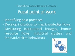 From NIS to Knowledge-based Economy 
Focal point of work 
- Identifying best practices 
- Develop indicators to map knowledge flows 
- Measuring institutional linkages, human 
resource flows, industrial clusters and 
innovative firm behaviours. 
 