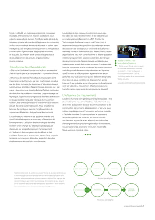 ni.com/trend-watch/f
Les écoles de tous niveaux transforment peu à peu
les salles de classe traditionnelles et les bibliothèques
en makerspaces collaboratifs. Le MIT (Institut de
Technologies du Massachusetts, aux États-Unis) a
récemment accepté les portfolios de makers en annexe
des dossiers de candidature, l’Université de Californie à
Berkeley a créé un makerspace pour ses étudiants, et des
organisations à but non lucratif comme la Maker Education
Initiative proposent des solutions destinées à aménager
des environnements d’apprentissage semblables aux
makerspaces au sein des écoles primaires. Les exemples
cités ne concernent que le système d’éducation classique,
mais les portails de ressources éducatives en ligne tels
que Coursera et edX proposent également des leçons
gratuites pour que quiconque puisse élaborer des projets
chez soi, à la seule condition de disposer d‘un accès
Internet. Il est probable qu’un changement culturel orienté
vers les valeurs du mouvement Maker provoque une
transformation importante de notre système éducatif.
L’influence du mouvement
Les êtres humains sont génétiquement prédisposés à être
des makers. Ce mouvement est tout naturellement issu
de la mise à disposition d’outils de communications et de
construction performants à la population ; c’est une sous-
culture populaire qui rend l’innovation technique possible
à l’échelle mondiale. En démocratisant le processus
de développement de produits, en faisant accéder
ces derniers au marché et en adaptant nos méthodes
d’enseignement à la prochaine génération d’innovateurs,
nous inspirerons la prochaine révolution industrielle.
Nous avons un monde à créer.
BOOM ! L’IMPACT DU
MOUVEMENT MAKER
« Créer au sein d’une communauté,
ce n’est pas seulement atteindre
un objectif… c’est le dépasser. »
Écoutez Mark Hatch, CEO de
TechShop, parler de la communauté
Maker actuelle.
youtube.com/nationalinstruments
fondé FirstBuild, un makerspace destiné à encourager
étudiants, entrepreneurs et makers à collaborer pour
créer les appareils de demain. FirstBuild a déjà généré de
nouveaux projets tels que des réfrigérateurs instrumentés,
un four micro-ondes à fermeture douce et un pichet à eau
intelligent qui se remplit automatiquement au réfrigérateur.
En sollicitant l’ingéniosité de ses propres employés
et du public, GE met en avant un nouveau processus
de développement de produits et galvanise leur
énergie créative.
Transformer le milieu éducatif
« Dis-moi et j’oublierai. Montre-moi et je me souviendrai.
Fais-moi participer et je comprendrai. » – proverbe chinois.
À l’heure où les tâches manuelles et procédurales sont
majoritairement effectuées par des machines et non plus
par des êtres humains, les systèmes d’éducation doivent
substituer aux stratégies d’apprentissage passives ou « par
cœur » des notions de travail collaboratif et des méthodes
de résolution de problèmes créatives. L’apprentissage par
la pratique, l’optimisation progressive des idées et le travail
en équipe sont la marque de fabrique du mouvement
Maker. Cette philosophie répond exactement aux besoins
actuels de notre système éducatif. Pour en pallier les
lacunes, de nombreux parents s’impliquent dans le
mouvement Maker et y font participer leurs enfants.
Les ordinateurs, Internet et les appareils mobiles ont
modifié tous les aspects de notre vie, à l’exception de
l’enseignement. L’adoption des technologies dans les
écoles n’a rien changé aux stratégies pédagogiques
classiques sur lesquelles reposent l’enseignement
et l’évaluation des compétences des élèves et des
étudiants. Cependant, les premiers signes d’une nouvelle
tendance commencent à faire leur apparition dans les
établissements éducatifs du monde entier.
Ancien paradigme
Nouveau paradigme
MAKERCONSOMMATEURS INVENTION ENTREPRISES
SYSTÈME
ÉDUCATIF
CONSOMMATEURSINVENTIONENTREPRISESSYSTÈME ÉDUCATIF
Traditionnellement, le système éducatif forme de jeunes diplômés qui
se font engager dans des entreprises où de nouveaux produits sont
inventés puis proposés aux consommateurs. Aujourd’hui, ce sont les
consommateurs qui initient le processus d’innovation et qui exigent
que le système éducatif et les entreprises répondent à leurs besoins.
Les makers jouent un rôle central dans ce changement.
 