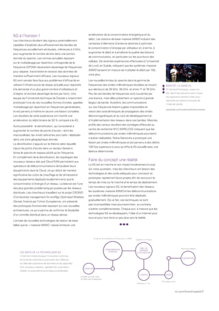 CAPACITÉS
LATENCE
CONSOMMATION
D’ÉNERGIE
COÛTS
DÉBIT DE
DONNÉES
D’UTILISATEURS
COUVERTURE
10 000x plus de traﬁc
10-100x plus d’appareils
Inférieure à 1 ms
Très faibles coûts
Très haute ﬁabilité
Supérieur à 10 Go/s
Durée de vie de batterie de 10 ans pour le M2M
LES DÉFIS DE LA TECHNOLOGIE 5G
ni.com/trend-watch/f
amélioration de la consommation énergétique et du
débit. Les stations de base massive MIMO incluent des
centaines d’éléments d’antenne destinés à optimiser
la consommation d’énergie par utilisateur et, à terme, à
augmenter le débit et à améliorer la qualité des liaisons
de communication, en particulier sur les pourtours des
cellules. De récentes expériences effectuées à l’Université
de Lund, en Suède, indiquent que les systèmes massive
MIMO seraient en mesure de multiplier le débit par 100,
voire plus.
Les nouvelles limites du spectre dans la gamme de
fréquences des ondes millimétriques étudiées se situent
aux alentours de 28 GHz, 38 GHz, et entre 71 et 76 GHz.
Peu de ces bandes de fréquences sont couvertes par
une licence, mais elles présentent un spectre à grande
largeur de bande. Autrefois, les communications
sur ces fréquences étaient jugées impossibles en
raison des caractéristiques de propagation des ondes
électromagnétiques et du coût de développement et
d’implémentation des réseaux dans ces bandes. Mais les
profils des canaux résultant des sondages effectués au
centre de recherche NYU WIRELESS indiquent que les
télécommunications par ondes millimétriques pourraient
s’avérer réalisables. Nokia Networks a prototypé une
liaison par ondes millimétriques et est parvenu à des débits
100 fois supérieurs à ceux qu’offre la 4G actuelle avec une
latence déterministe.
Faire du concept une réalité
La 5G est en marche et son impact bouleversera à coup
sûr notre quotidien, mais les chercheurs ont besoin des
technologies et des outils adéquats pour concevoir et
prototyper rapidement leurs projets afin de raccourcir le
temps de mise sur le marché et le temps de déploiement.
Les nouveaux signaux 5G, la densification des réseaux,
les systèmes massive MIMO et les télécommunications
par ondes millimétriques pourront être déployés
graduellement. De ce fait, ces techniques ne sont
pas incompatibles mais pourraient bien, au contraire,
s’avérer complémentaires. Chaque jour, à mesure que les
technologies 5G se développent, l’idée d’un Internet pour
tous et pour tout tend un peu plus vers la réalité.
BIENTÔT, LE SANS FIL
Pr Gerhard Fettweiss, expert en
5G, décrit les solutions sans fil que
les ingénieurs doivent créer pour
répondre aux besoins actuels de
l’Internet tactile.
youtube.com/nationalinstruments
5G à l’horizon !
Les chercheurs étudient des signaux potentiellement
capables d’exploiter plus efficacement les bandes de
fréquences actuellement attribuées, inférieures à 3 GHz,
pour augmenter le nombre de bits dans une portion
donnée du spectre. Les normes actuelles reposant
sur le multiplexage par répartition orthogonale de la
fréquence (OFDM) nécessitent davantage de fréquences
pour séparer, transmettre et recevoir des données de
manière suffisamment efficace. Les nouveaux signaux
5G sont censés faire face aux problèmes d’efficacité en
utilisant l’infrastructure de réseau actuelle pour répondre
à la demande d’un plus grand nombre d’utilisateurs et
d’objets, et extraire davantage de bits par hertz. Une
équipe de l’Université technique de Dresde a notamment
prototypé l’une de ces nouvelles formes d’ondes, appelée
multiplexage par répartition en fréquences généralisées,
et est parvenu à mettre en œuvre une liaison complète.
Les résultats de cette expérience ont montré une
amélioration du débit binaire de 30 % comparé à la 4G.
Autre possibilité : la densification, qui consisterait à
augmenter le nombre de points d’accès – dont les
macrocellules, les small cells et les pico cells – déployés
dans une zone géographique donnée.
La densification s’appuie sur la théorie selon laquelle
l’ajout de points d’accès dans un secteur desservi
divise le spectre en espace plutôt qu’en fréquence.
En complément de la densification, les topologies des
nouveaux réseaux tels que Cloud RAN permettent aux
opérateurs de télécommunications de localiser leurs
équipements dans le Cloud, ce qui réduit de manière
significative les coûts de chauffage et de climatisation
des équipements déployés localement ainsi que la
consommation d’énergie d’un réseau. La latence est l’une
des plus grandes problématiques posées par les réseaux
distribués. Les chercheurs travaillant sur le projet CROWD
(Connectivity management for eneRgy Optimised Wireless
Dense), financé par l’Union Européenne, ont présenté
des prototypes fonctionnels reposant sur ces nouvelles
architectures, ce qui a permis de confirmer la faisabilité
d’un contrôle distribué dans un réseau dense.
L’arrivée de nouvelles technologies de station de base
telles que le « massive MIMO » laisse entrevoir une
LES DÉFIS DE LA TECHNOLOGIE 5G
L’Internet mobile évoque l’innovation continue
et incite les chercheurs à pousser leur réflexion
au-delà des questions de données et de capacités.
Ces nouveaux réseaux, appelés 5G, pourraient
révéler un potentiel économique considérable.
 