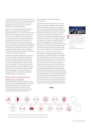 ni.com/trend-watch/f
DES SOLUTIONS D’AVENIR
Découvrez comment IDT a réduit les
coûts de ses équipements de test
automatique de grande envergure en
construisant ses propres systèmes
puis en cherchant une solution
modulaire.
youtube.com/
nationalinstrumentsadvantage
fonctionnalités de certains matériels après leur
lancement initial.
L’évolution et la complexité croissante du marché nous
pousse à nous ouvrir au changement et à nous préparer
à toutes les éventualités. À mesure que ces appareils
font preuve de davantage d’intelligence situationnelle en
exploitant des logiciels évolutifs, il semble nécessaire que
les équipements de test suivent cette voie. L’utilisation
d’équipements de test définis par logiciels permet
d’investir dans des plates-formes capables de relever les
défis qui se posent aujourd’hui dans le domaine du test,
mais également de s’adapter aux nouvelles spécifications
tout en limitant les dépenses. Le matériel modulaire
représente incontestablement un aspect essentiel de cette
méthode, mais la cohésion et le bon fonctionnement de
l’approche basée plate-forme dans les équipements de
test automatique intelligents est assurée par le logiciel.
Chaque année, une entreprise similaire à Nest ou à
Tesla révolutionne le marché et change notre manière
d’interagir avec un appareil. Chaque année, de nouvelles
technologies de capteurs sont créées pour nous aider à
mieux comprendre le monde qui nous entoure. Chaque
année, de nouveaux protocoles de communications sont
définis pour que nous puissions stocker davantage de
données dans moins d’octets, et au fil de ces évolutions,
les ingénieurs d’essais devront s’assurer que tous ces
nouveaux appareils déployés dans l’Internet des Objets
fonctionnent de manière sure, fiable et rentable. De plus
en plus de sociétés ont adopté cette approche basée plate-
forme, plus intelligente, afin que leurs équipements de test
soient à la hauteur des nouveaux défis. Étant donné que
le coût et le temps de mise sur le marché ne cessent de
diminuer, les entreprises innovantes ne peuvent en aucun
cas se permettre de laisser leurs appareils surpasser les
performances de leurs équipements de test automatique.
société a réduit le coût des tests de 0,09 $ par rapport au
modèle S4, alors que cinq nouveaux capteurs y avaient été
ajoutés . Comment cela est-il possible ? À l’aide d’une
stratégie de tests axée sur des normes ouvertes et
présentant une interopérabilité optimale.
En suivant une approche modulaire basée plate-forme
dédiée aux équipements de tests intelligents, les
ingénieurs d’essais peuvent construire un système à partir
des instruments sur étagère répondant à leurs besoins
premiers. Si cette méthode leur permet de choisir des
instruments parmi plusieurs fabricants spécialisés, elle
impose également une certaine interopérabilité entre
les éléments de la plate-forme et donne une grande
importance au logiciel – la principale source d’intelligence
dans la conception d’un système de test. Néanmoins, elle
facilite l’optimisation des systèmes de test puisque des
modules peuvent être ajoutés en cas de nécessité, ce
qui dispense des coûts élevés de rachat de matériel et de
réécriture des plus bas niveaux logiciels.
Quelle que soit la stratégie adoptée, le coût et le temps
de mise sur le marché sont des facteurs décisifs lors
du choix d’une plate-forme destinée à un équipement
de test pour l’Internet des Objets. Certaines sociétés
– notamment celles qui testent les unités de mémoire
et les microcontrôleurs – se satisfont de systèmes de
test de grande envergure à fonctionnalités figée, mais le
rythme d’innovation et d’évolution des fonctionnalités
des appareils intelligents impose des plates-formes
d’équipement de test automatique plus intelligentes,
capables d’assurer un rendement ad hoc.
Assurer l’avenir des équipements
de test dotés de logiciels
Autrefois, les utilisateurs devaient acheter de nouveaux
appareils dès qu’ils souhaitaient bénéficier de nouvelles
fonctionnalités. Aujourd’hui, les smartphones, les
télévisions, les ordinateurs et même les voitures
peuvent tirer avantage de la technologie de firmware
reprogrammables pour étendre ou améliorer les
2G
3G 4G
LTE
Les équipements de test automatique plus intelligents permettent aux ingénieurs d’essais
d’anticiper et de prévoir financièrement l’intégration des dernières technologies dans leurs
systèmes de test, par le biais d’une plate-forme alliant matériel modulaire et logiciel évolutif.
 