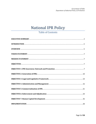 Obgitives Ipr NATIONAL INTELLECTUAL PROPERTY POLICY- INDIA - 12.05.2016