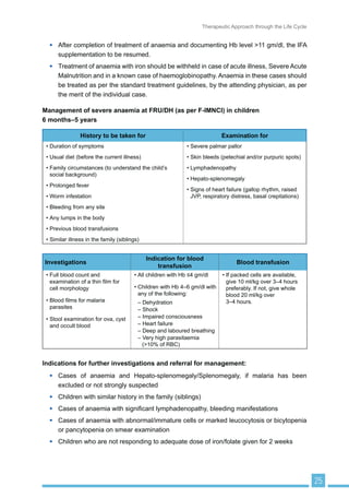 ,URQ GH¿FLHQF LV D FRQVHTXHQFH RI
‡ Decreased iron intake
‡ ,QFUHDVHG LURQ ORVV IURP WKH ERG
‡ ,QFUHDVHG LURQ UHTXLUHPHQW
,URQ UHTXLUHPHQWV LQFUHDVH GXULQJ WKH SHULRG RI DFWLYH JURZWK LQ FKLOGKRRG HVSHFLDOO IURP
 PRQWKV WR  HDUV ,Q LQIDQF LURQ GH¿FLHQF LV PRVW RIWHQ WKH UHVXOW RI ODFN RI H[FOXVLYH EUHDVW
IHHGLQJ DQG XVH RI XQVXSSOHPHQWHG PLON GLHWV ZKLFK FRQWDLQ LQDGHTXDWH DPRXQWV RI LURQ 0LON
SURGXFWV DUH YHU SRRU VRXUFHV RI LURQ DQG SURORQJHG EUHDVW RU ERWWOH IHHGLQJ RI WKH LQIDQW
ZLWKRXW FRPSOHPHQWDU IHHGV DIWHU  PRQWKV RI DJH IUHTXHQWO OHDG WR LURQ GH¿FLHQF XQOHVV
WKHUH LV LURQ VXSSOHPHQWDWLRQ ,URQ UHTXLUHPHQWV DUH SURSRUWLRQDWHO JUHDWHU LQ SUHPDWXUH DQG
XQGHUZHLJKW EDELHV ,Q ROGHU FKLOGUHQ D SUHGRPLQDQWO PLON DQG FHUHDO EDVHG GLHW DQG IRRG
fads can also lead to IDA.
%ORRG ORVV GXULQJ PHQVWUXDWLRQ DQG LQFUHDVHG LURQ UHTXLUHPHQWV GXULQJ SUHJQDQF DQG
ODFWDWLRQ SUHGLVSRVH ZRPHQ WR SRRU LURQ VWRUHV 7UDGLWLRQDOO WKH ,QGLDQ KRXVHZLIH HDWV ODVW
DIWHU DOO PDOH PHPEHUV DQG FKLOGUHQ KDYH HDWHQ DQG LQ PDQ IDPLOLHV WKH ZRPHQ HDW RQO WKH
OHIWRYHUV +HQFH HYHQ WKRXJK WKH IRRG SUHSDUHG IRU WKH IDPLO LV WKH VDPH ZRPHQ DUH PRUH
SURQH WR GHYHORS ,'$ WKDQ RWKHU PHPEHUV RI WKH IDPLO
 2WKHU PLFURQXWULHQW GH¿FLHQFLHV
9LWDPLQ % LV QHFHVVDU IRU WKH VQWKHVLV RI 5%V DQG LWV GH¿FLHQF KDV EHHQ DVVRFLDWHG
ZLWK PHJDOREODVWLF DQDHPLD 'LHWV ZLWK OLWWOH RU QR DQLPDO SURWHLQ DV LV RIWHQ WKH FDVH LQ RXU
FRXQWU FRXSOHG ZLWK PDODEVRUSWLRQ UHODWHG WR SDUDVLWLF LQIHFWLRQV RI WKH VPDOO LQWHVWLQH PLJKW
UHVXOW LQ 9LWDPLQ % GH¿FLHQF DQG DQDHPLD
Folic acid is also essential for the formation and maturation of RBCs and is necessary for cell
JURZWK DQG UHSDLU 'H¿FLHQF RI IRODWH UHGXFHV WKH UDWH RI '1$ VQWKHVLV ZLWK FRQVHTXHQW
LPSDLUHG FHOO SUROLIHUDWLRQ DQG LQWUDPHGXOODU GHDWK RI UHVXOWLQJ DEQRUPDO FHOOV WKLV VKRUWHQV
WKH OLIHVSDQ RI FLUFXODWLQJ 5%V DQG UHVXOWV LQ DQDHPLD
 +HOPLQWKLF LQIHVWDWLRQ
+HOPLQWKV VXFK DV KRRNZRUP DQG ÀXNHV FDXVH FKURQLF EORRG ORVV DQG FRQVHTXHQWO LURQ ORVV
IURP WKH ERG UHVXOWLQJ LQ WKH GHYHORSPHQW RI DQDHPLD $ KRRNZRUP EXUGHQ RI ± ZRUPV
GHSHQGLQJ RQ WKH LURQ VWDWXV RI WKH KRVW 