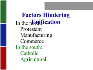 Nationalism Factors Hindering Unification In the north: Protestant Manufacturing Commerce In the south: Catholic Agricultural 