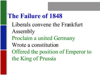 Nationalism The Failure of 1848 Liberals convene the Frankfurt Assembly Proclaim a united Germany Wrote a constitution Offered the position of Emperor to the King of Prussia 