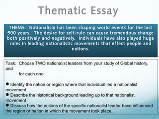 THEME: Nationalism has been shaping world events for the last
500 years. The desire for self-rule can cause tremendous change
both positively and negatively. Individuals have also played huge
roles in leading nationalistic movements that effect people and
nations.
Thematic Essay
Task: Choose TWO nationalist leaders from your study of Global history,
and
for each one:
Identify the nation or region where that individual led a nationalist
movement
Describe the historical background leading up to that nationalist
movement
Discuss how the actions of the specific nationalist leader have influenced
the region or nation in which the movement took place.
 