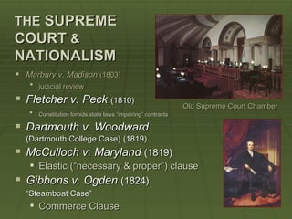 THE SUPREME
COURT &
NATIONALISM
 Marbury v. Madison (1803)
     judicial review

 Fletcher v. Peck (1810)                                       Old Supreme Court Chamber
       Constitution forbids state laws “impairing” contracts

 Dartmouth v. Woodward
    (Dartmouth College Case) (1819)
 McCulloch v. Maryland (1819)
     Elastic (“necessary & proper”) clause
   Gibbons v. Ogden (1824)
    “Steamboat Case”
     Commerce Clause
 