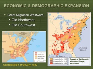 ECONOMIC & DEMOGRAPHIC EXPANSION

 Great Migration Westward
   Old Northwest
   Old Southwest




                                 Spread of Settlement:
                                 Westward Surge,
                                 1800–1820
Concentration of Slavery, 1820
 