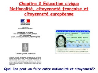 Chapitre 2 Education civique
Nationalité, citoyenneté française et
citoyenneté européenne

Quel lien peut-on faire entre nationalité et citoyenneté?

 