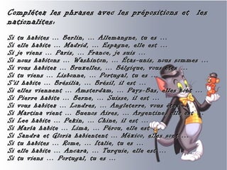 Complétez les phrases avec les prépositions et les
nationalites:
Si tu habites ... Berlin, ... Allemangne, tu es …
Si elle habite ... Madrid, ... Espagne, elle est …
Si je viens ... Paris, ... France, je suis …
Si nous habitons ... Washinton, ... Étas-unis, nous sommes …
Si vous habitez ... Bruxelles, ... Bélgique, vous êtes …
Si tu viens ... Lisbonne, ... Portugal, tu es …
S'il habite ... Brésilia, ... Brésil, il est …
Si elles viennent ... Amsterdam, ... Pays-Bas, elles sont …
Si Pierre habite ... Berne, ... Suisse, il est …
Si vous habitez ... Londres, ... Angleterre, vous êtes …
Si Martina vient ... Buenos Aires, ... Argentine, elle est …
Si Lee habite ... Pekin, ... Chine, il est …
Si María habite ... Lima, ... Pérou, elle est …
Si Sandra et Gloria habientent ... México, elles sont …
Si tu habites ... Rome, ... Italie, tu es …
Si elle habite ... Ancara, ... Turquie, elle est …
Si tu viens … Portugal, tu es ...
 