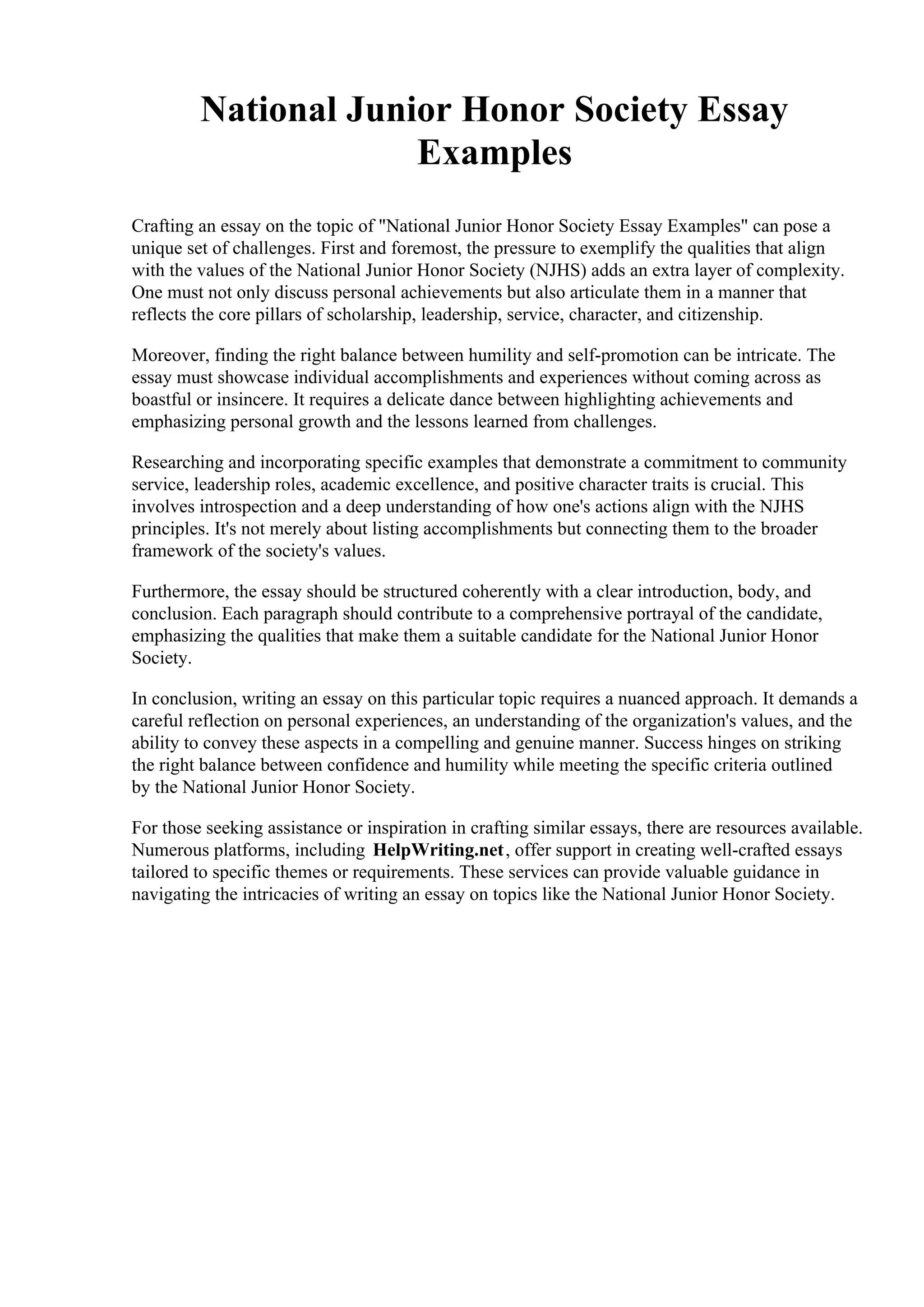 National Junior Honor Society Essay Examples pdf