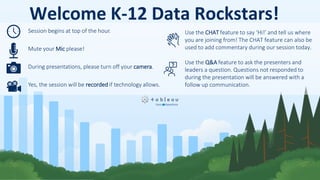Welcome K-12 Data Rockstars!
Session begins at top of the hour.
Mute your Mic please!
During presentations, please turn off your camera.
Yes, the session will be recorded if technology allows.
Use the CHAT feature to say ‘Hi!’ and tell us where
you are joining from! The CHAT feature can also be
used to add commentary during our session today.
Use the Q&A feature to ask the presenters and
leaders a question. Questions not responded to
during the presentation will be answered with a
follow up communication.
 