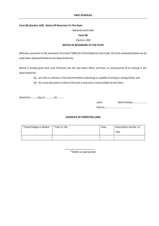 FIRST SCHEDULE
Form 8A [Section 130] - Notice Of Reversion To The State
National Land Code
Form 8A
(Section 130)
NOTICE OF REVERSION TO THE STATE
Whereas, pursuant to the provisions of section*100/129 of the National Land Code, the land scheduled below has by
order been declared forfeit to the State Authority.
Notice is hereby given that such forfeiture has this day taken effect and that, in consequence of its vesting in the
State Authority -
(a) any title or interest in the land heretofore subsisting or capable of arising is extinguished, and
(b) the issue document of title to the land is void and is impoundable by the State.
Dated this...........day of.............,19...........
Land Administrator.....................
District........................................
SCHEDULE OF FORFEITED LAND
*Town/Village or Mukim *Lot/L.O. No. Area Description and No. of
Title
*Delete as appropriate
 