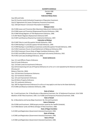 ELEVENTH SCHEDULE
(Section 438)
REPEALS
Federated Malay States
Cap.138 Land Code.
Cap.141 Country Lands (Cultivation) Suspension of Operation Enactment.
Cap.217 Agreements for Leases (Temporary Provisions) Enactment.
Cap. 218 Syed Hassan's Concession Resumption Enactment.
Malayan Union
18 of 1946 Leases and Tenancies (War Absentees) Adjustment Ordinance,1946.
22 of 1946 Leases and Tenancies (Dispossessed Persons) Ordinance, 1946.
36 of 1946 Pahang Registers of Title Replacement Ordinance, 1946.
3 of 1947 Mukim Registers Replacement Ordinance'1947.
16 of 1947 Land Revenue (Payment by Instalments) Ordinance, 1947.
Federation of Malaya
39 of 1949 Titles to Land (Occupation Period) Ordinance, 1949.
40 of 1949 Dealings in Land (Occupation Period) Ordinance, 1949.
41 of 1949 Dealings in Land (Malacca Customary Lands) (Occupation Period) Ordinance, 1949.
10 of 1952 Customary Tenure of Land (Settlement of Malacca) Ordinance,1952.
33 of 1952 Customary Tenure (State of Negeri Sembilan) Ordinance, 1952.
52 of 1952 Land Office Procedure (Lost or Destroyed Instruments) Ordinance, 1952.
78 of 1952 Land Laws (Enabling) Ordinance, 1952.
Straits Settlements
Cap. 111 Land Officers Powers Ordinance.
Cap.113 Lands Ordinance.
Cap. 114 State Lands Encroachments Ordinance.
Cap.118 Conveyancing and Law of Property Ordinance (in so far as it is not repealed by the National Land Code
(Penang and
Malacca Titles) Act, 1963).
Cap. 119 Voluntary Conveyances Ordinance.
Cap. 122 Foreshores Ordinance.
Cap. 123 Land Improvement Ordinance.
Cap.129 Aliens Property Ordinance.
Cap. 131 Landmarks Ordinance.
Cap. 168 The Apportionment Ordinance (in so far as it may apply to rent due to the State Authority).
47 of 1940 Land Revenue Collection Ordinance, 1940.
State of Johore
No. 1 Land Enactment. No. 15 Rectification of Boundaries Enactment. No. 52 Settlement Enactment. 18 of 1936
Abolition of Old Titles Enactment, 1936. 15 of 1938 Land (Temporary Provisions) Enactment, 1938.
State of Kedah
No. 12 Boundaries and Survey Maps Enactment. No. 56 Land Enactment.
State of Kelantan
26 of 1938 Land Enactment, 1938 (except provision saved by the Twelfth Schedule).
11 of 1960 Adviser Lands and Mines (Change of Title) Enactment, 1960.
State of Negeri Sembilan
5 of 1939 Land Registration (Government Interests) Enactment, 1939.
State of Pahang
1 of 1940 Land Registration (Government Interests) Enactment, 1940.
State of Perak
1 of 1940 Land Registration (Government Interests) Enactment, 1940.
 