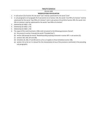 TWELFTH SCHEDULE
(Section 440)
MODIFICATIONS FOR KELANTAN
1. In sub-section (2) of section 94, the word "July" shall be substituted for the word "June".
2. In sub-paragraph (i) of paragraph (f) of sub-section (1) of section 136, the words "one-fifth of a hectare" shall be
substituted for the words "two-fifths of a hectare" and in sub-sections (3) and (4) of section 205, the words 'one-
fifth of a hectare' shall be substituted for the words "two-fifths of a hectare".
3. (Deleted by Act A832: s.76).
4. (Deleted by Act A832: s.76).
5. (Deleted by Act A832: s.76).
6. The repeal of the Land Enactment, 1938, shall not extend to the following provisions thereof-
(a) the proviso to section 9 (except the words "Provided that");
(b) section 104 (except the words "Notwithstanding anything contained in section 98" in sub-section (i));
(c) sections 105, 106, 107 and 108;
(d) Schedules 26, 26A, 27 and 28 and (in so far as it applies to those Schedules) section 206;
(e) section 2 (in so far as it is relevant for the interpretation of any of the provisions mentioned in the preceding
sub-paragraphs).
.
 