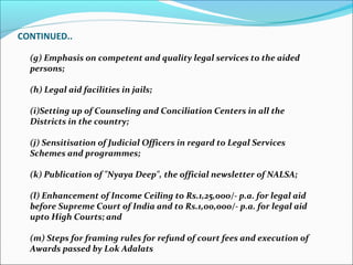 CONTINUED..
(g) Emphasis on competent and quality legal services to the aided
persons;
(h) Legal aid facilities in jails;
...