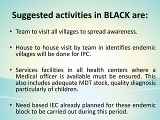 Suggested activities in BLACK are:
• Team to visit all villages to spread awareness.
• House to house visit by team in identifies endemic
villages will be done for IPC.
• Services facilities in all health centers where a
Medical officer is available must be ensured. This
also includes adequate MDT stock, quality diagnosis
particularly of children.
• Need based IEC already planned for these endemic
block to be carried out during this period.
 
