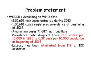 Problem statement
• WORLD : According to WHO data
• 2,15,656 new cases detected during 2013
• 1,80,618 cases registered prevalence at beginning
of 2014
• Among new cases 71.68% multibacillary
• Prevalence rate dropped from 21.1 cases per
10,000 in 1985 to 0.32 case per 10,000 population
at beginning of 2014
• Leprosy has been eliminated from 119 of 122
countries
 