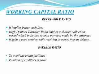 WORKING CAPITAL RATIO 
RECEIVABLE RATIO 
 It implies better cash flow. 
 High Debtors Turnover Ratio implies a shorter collection 
period which indicates prompt payment made by the customer. 
 It holds a good position while receiving its money from its debtors. 
PAYABLE RATIO 
• To avail the credit facilities 
• Position of creditors is good 
 