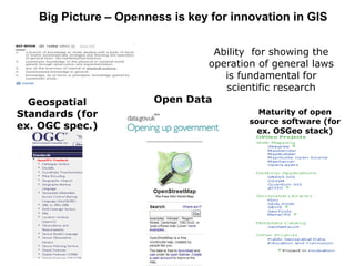 Geospatial
Standards (for
ex. OGC spec.)
Maturity of open
source software (for
ex. OSGeo stack)
Open Data
Ability for showing the
operation of general laws
is fundamental for
scientific research
Big Picture – Openness is key for innovation in GIS
 