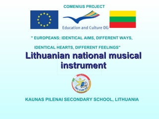 Lithuanian national musical instrument KAUNAS PILENAI SECONDARY SCHOOL, LITHUANIA COMENIUS PROJECT &quot; EUROPEANS: IDENTICAL AIMS, DIFFERENT WAYS,    IDENTICAL HEARTS, DIFFERENT FEELINGS&quot; 