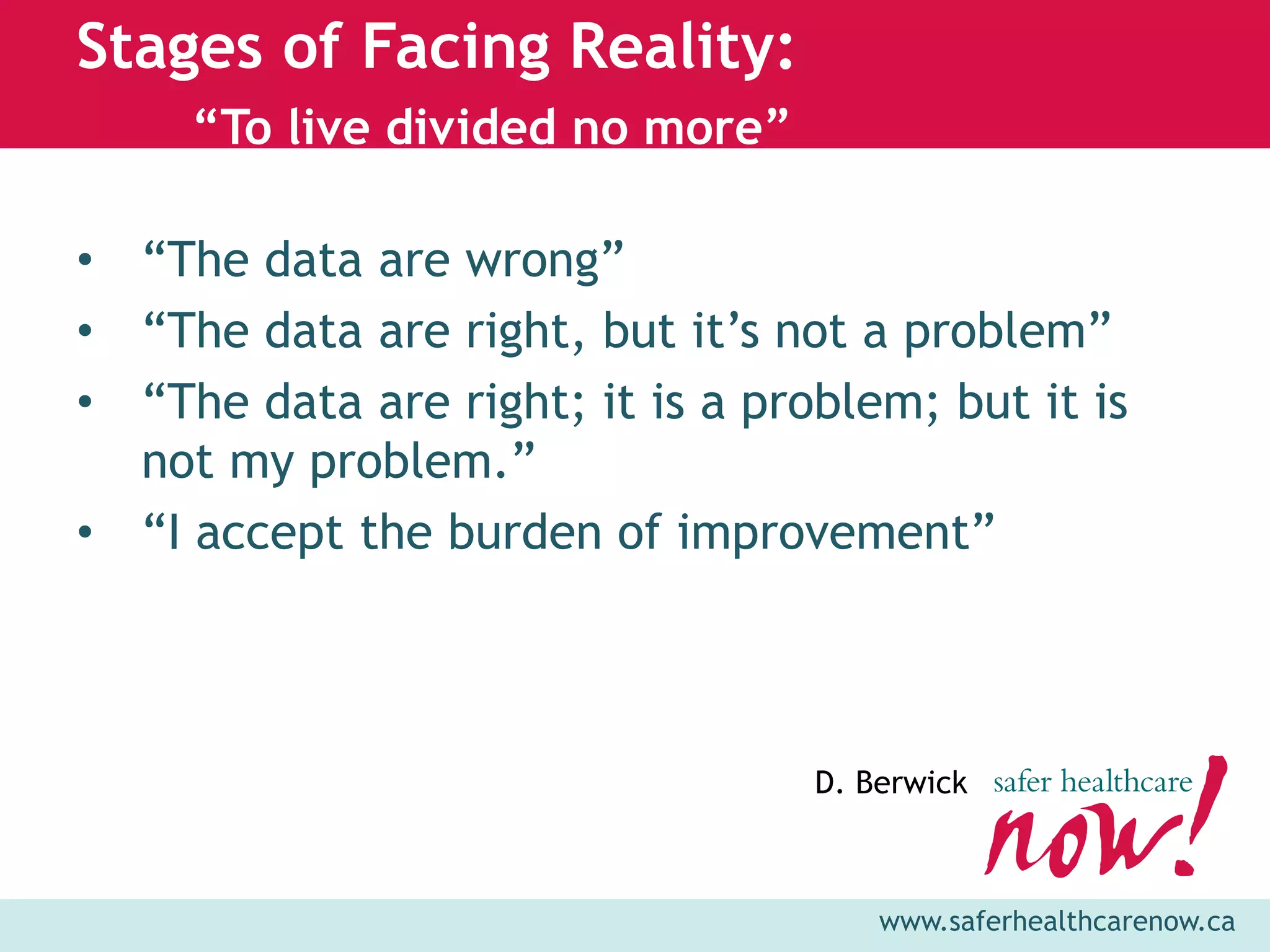Stages of Facing Reality:
     “To live divided no more”

• “The data are wrong”
• “The data are right, but it’s not a problem”
• “The data are right; it is a problem; but it is
  not my problem.”
• “I accept the burden of improvement”



                                  D. Berwick



                                      www.saferhealthcarenow.ca
 