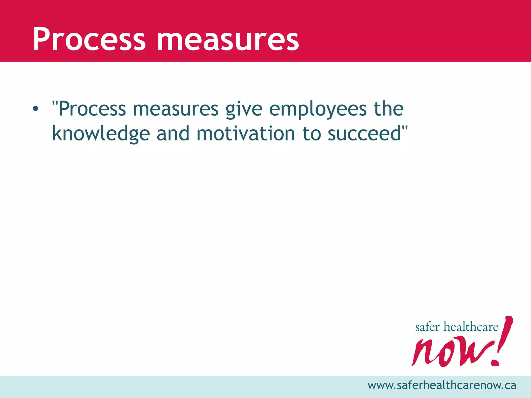 Process measures

• "Process measures give employees the
  knowledge and motivation to succeed"




                                 www.saferhealthcarenow.ca
 