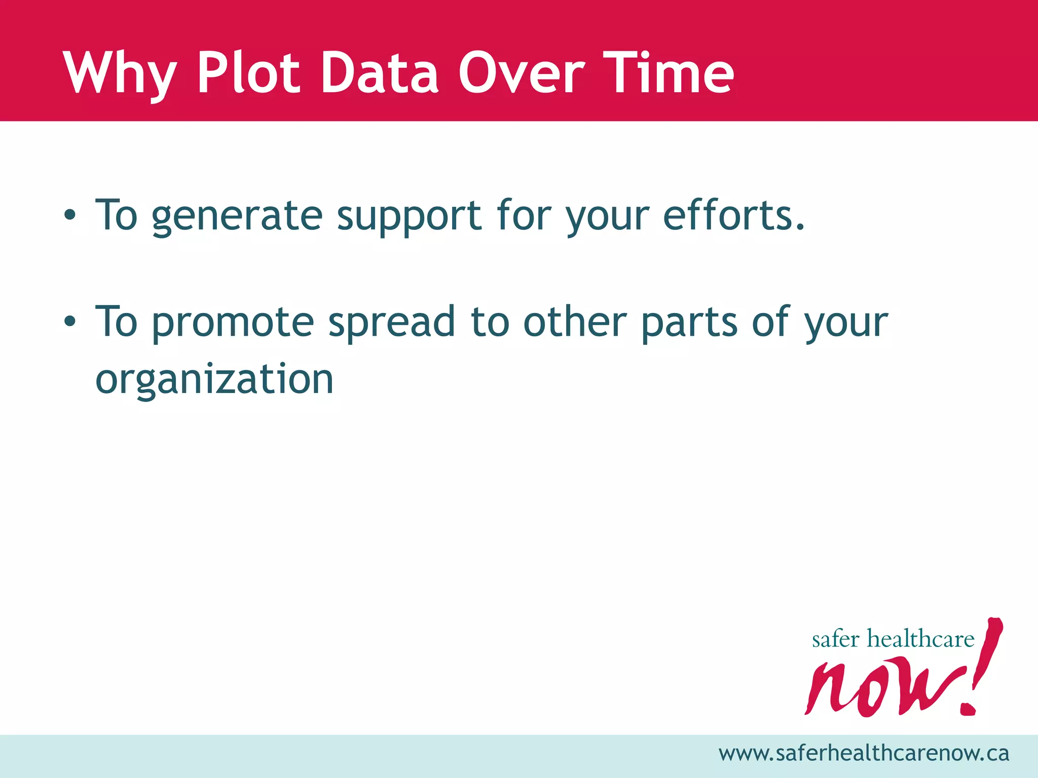 Why Plot Data Over Time

• To generate support for your efforts.

• To promote spread to other parts of your
  organization




                                  www.saferhealthcarenow.ca
 