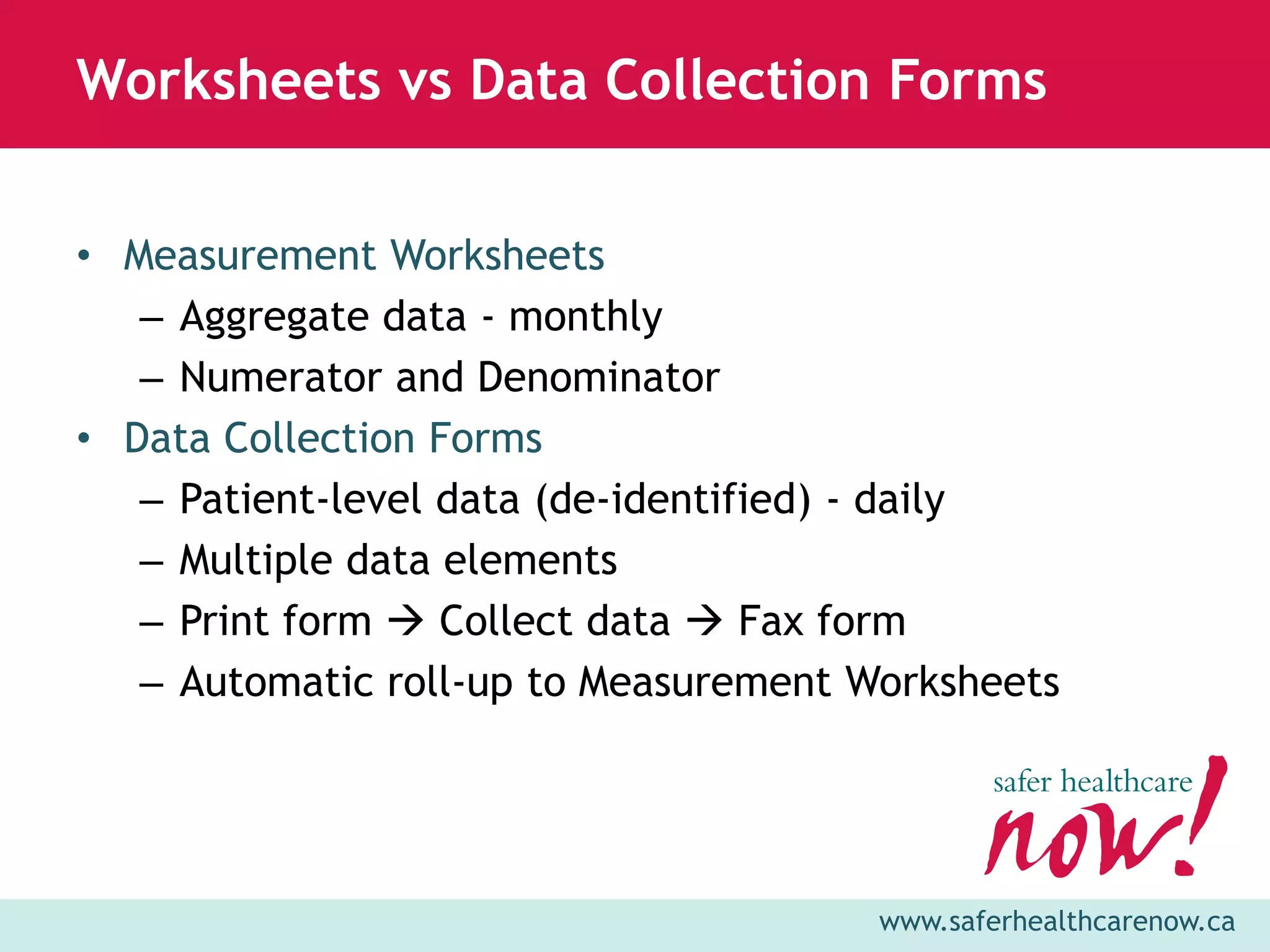 Worksheets vs Data Collection Forms


• Measurement Worksheets
   – Aggregate data - monthly
   – Numerator and Denominator
• Data Collection Forms
   – Patient-level data (de-identified) - daily
   – Multiple data elements
   – Print form  Collect data  Fax form
   – Automatic roll-up to Measurement Worksheets




                                       www.saferhealthcarenow.ca
 