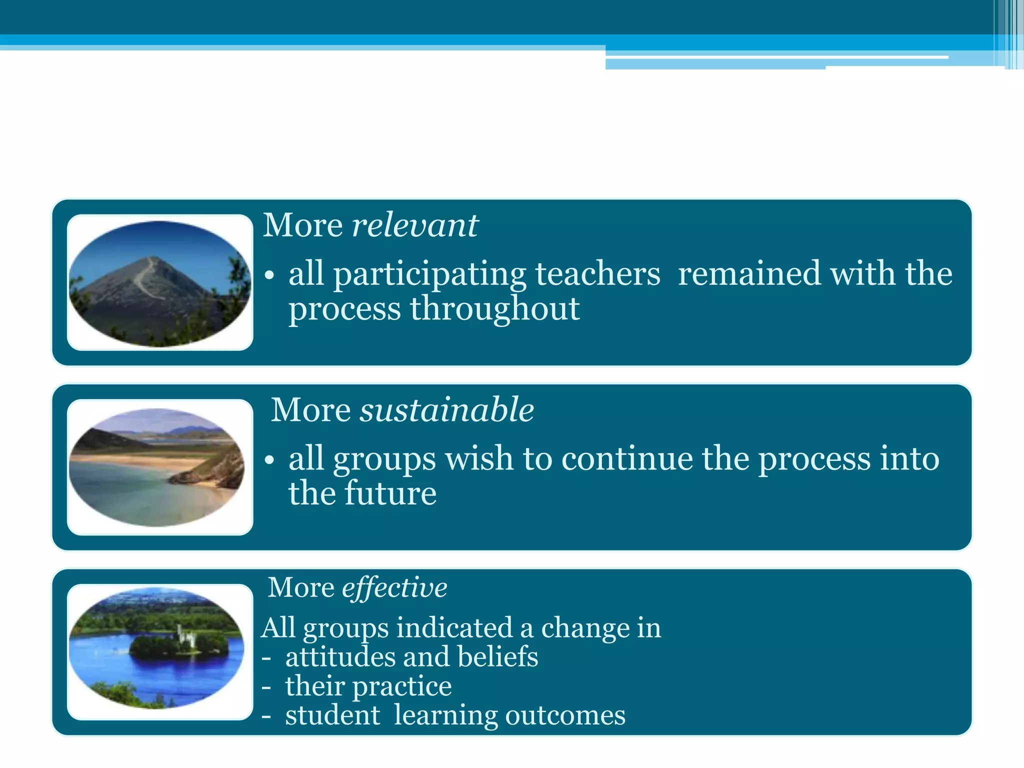More relevant
• all participating teachers remained with the
process throughout
More sustainable
• all groups wish to continue the process into
the future
More effective
All groups indicated a change in
- attitudes and beliefs
- their practice
- student learning outcomes
 