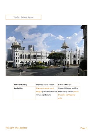 TAY SIEW WEN 0322879 Page 11
Name	of	Building The	Old	Railway	Sta2on Na2onal	Mosque
Similari1es Mixture	of	western	and	
Mughal	(similar	to	Moorish	
revival	architecture)
Na2onal	Mosque	and	The	
Old	Railway	Sta2on	shared	
the	same	architectural	
style
The Old Railway Station
 