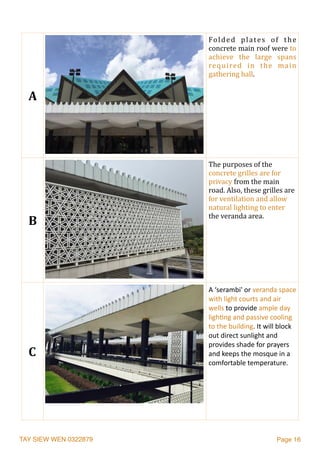 TAY SIEW WEN 0322879 Page 16
A
Folded	 plates	 of	 the	
concrete	main	roof	were	to	
achieve	 the	 large	 spans	
required	 in	 the	 main	
gathering	hall.	
B
The	purposes	of	the	
concrete	grilles	are	for	
privacy	from	the	main	
road.	Also,	these	grilles	are	
for	ventilation	and	allow	
natural	lighting	to	enter	
the	veranda	area.	
C
A	‘serambi'	or	veranda	space	
with	light	courts	and	air	
wells	to	provide	ample	day	
ligh2ng	and	passive	cooling	
to	the	building.	It	will	block	
out	direct	sunlight	and	
provides	shade	for	prayers	
and	keeps	the	mosque	in	a	
comfortable	temperature.	
 