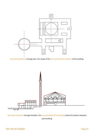 TAN YAN JIE 0323906 Page 27
Symmetrical	Balance	through	plan-	the	shape	of	the	two	roof	shows	the	balance	of	the	building.
Symmetrical	Balance	through	eleva2on-	the	size	and	height	of	the	building	shows	the	balance	between	
each	building.
 