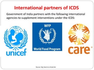 International partners of ICDS
Government of India partners with the following international
agencies to supplement interventions under the ICDS:
Source: http://wcd.nic.in/icds.htm
 
