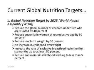 Current Global Nutrition Targets…
b. Global Nutrition Target by 2025 (World Health
Assembly [WHA])
Reduce the global number of children under five who
are stunted by 40 percent
Reduce anaemia in women of reproductive age by 50
percent
Reduce low birth weight by 30 percent
No increase in childhood overweight
Increase the rate of exclusive breastfeeding in the first
six months up to at least 50 percent
Reduce and maintain childhood wasting to less than 5
percent
241/22/2019
 