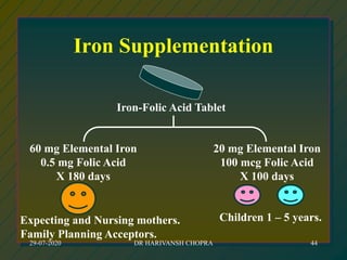 Iron Supplementation
Iron-Folic Acid Tablet
60 mg Elemental Iron
0.5 mg Folic Acid
X 180 days
20 mg Elemental Iron
100 mcg Folic Acid
X 100 days
Expecting and Nursing mothers.
Family Planning Acceptors.
Children 1 – 5 years.
29-07-2020 DR HARIVANSH CHOPRA 44
 